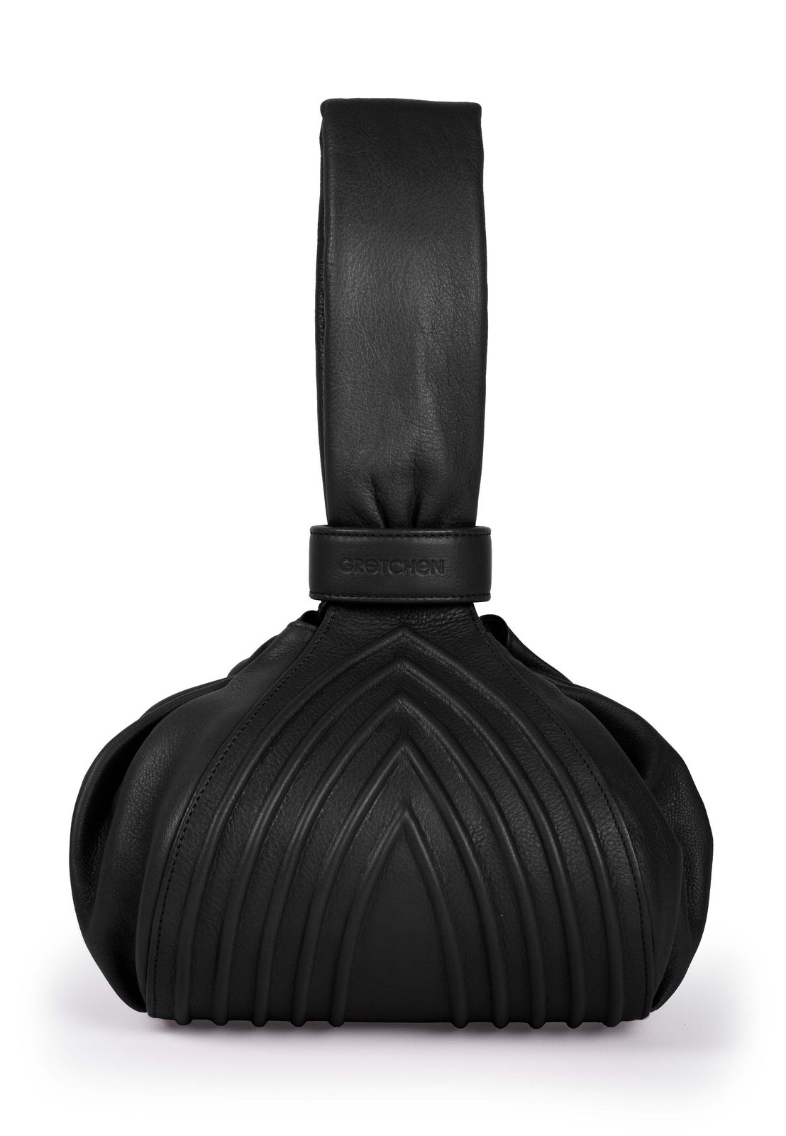 a black handbag with a strap on it
