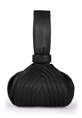 a black handbag with a strap on it
