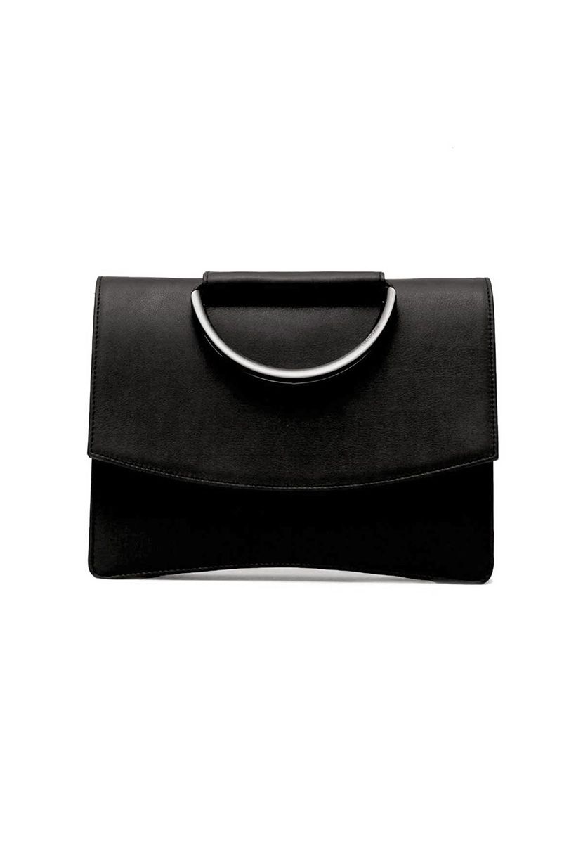 a black purse with a metal handle on a white background
