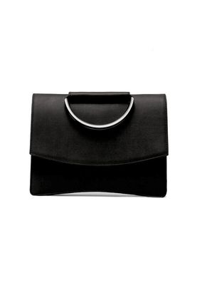 a black purse with a metal handle on a white background