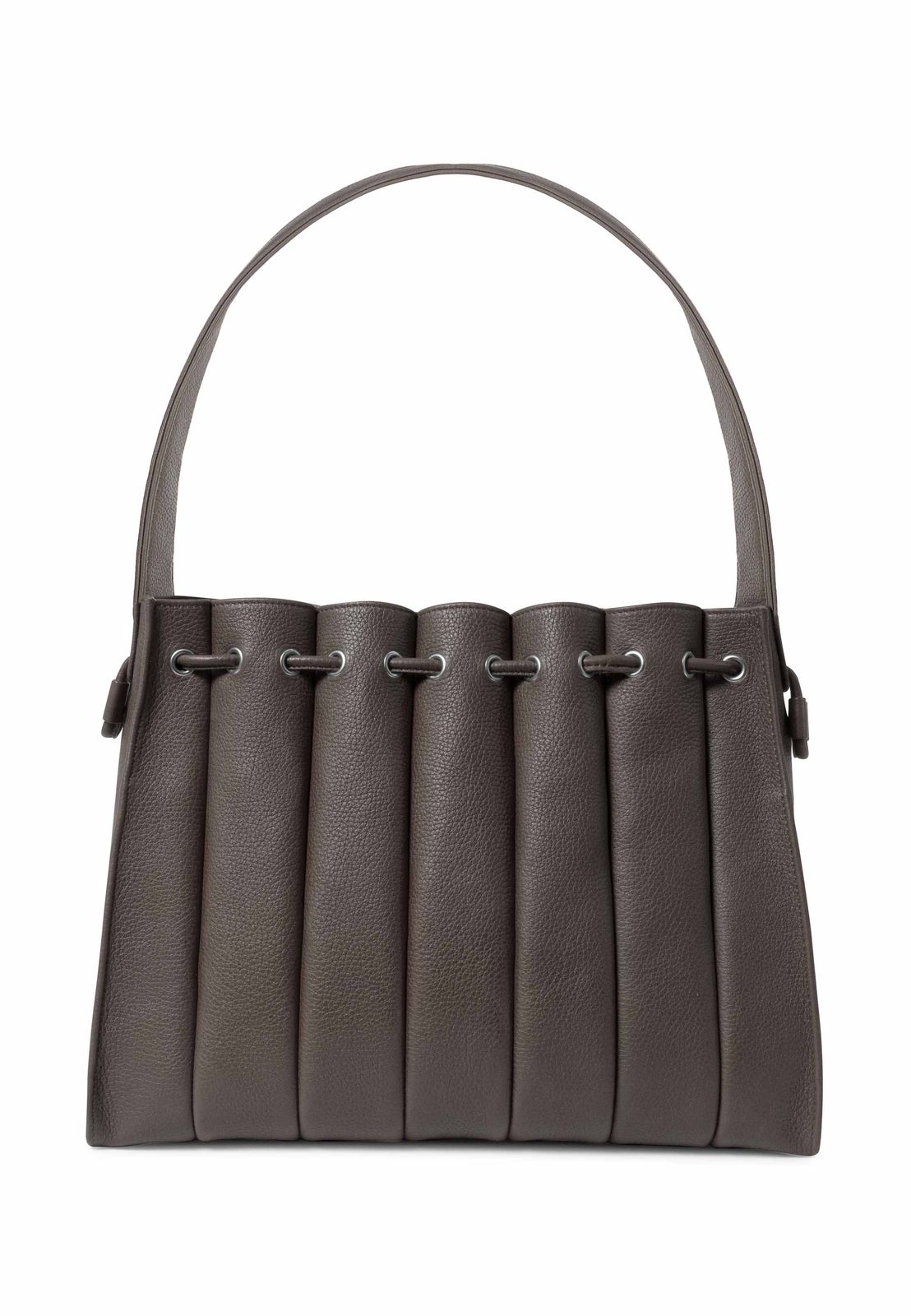 a gray handbag with four handles