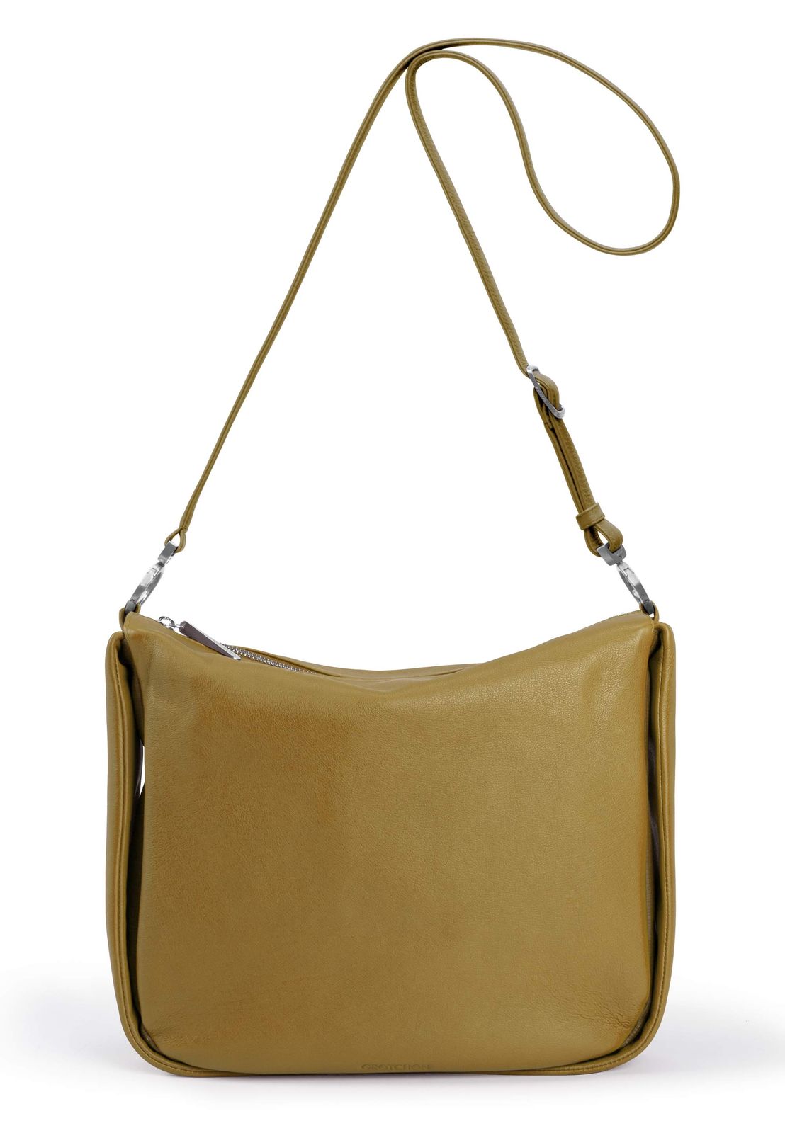 a tan leather purse on a white background