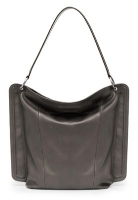 a gray leather handbag on a white background