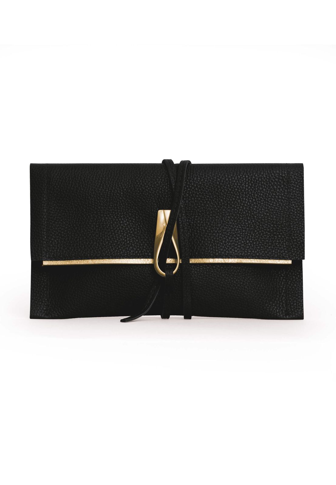 a black and gold clutch bag on a white background