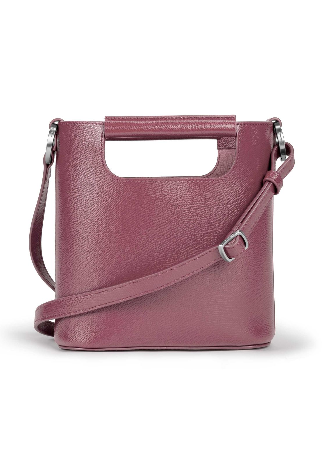 a pink handbag with a metal handle