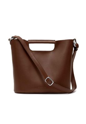 a brown leather handbag with a handle