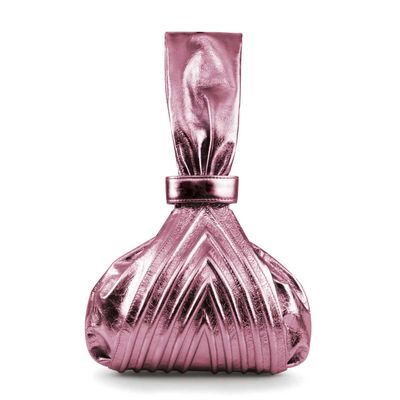 a pink glass vase with a design on it