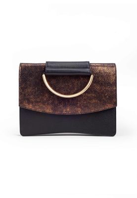 a brown and black purse with a gold ring