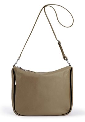 a beige leather purse with a long strap