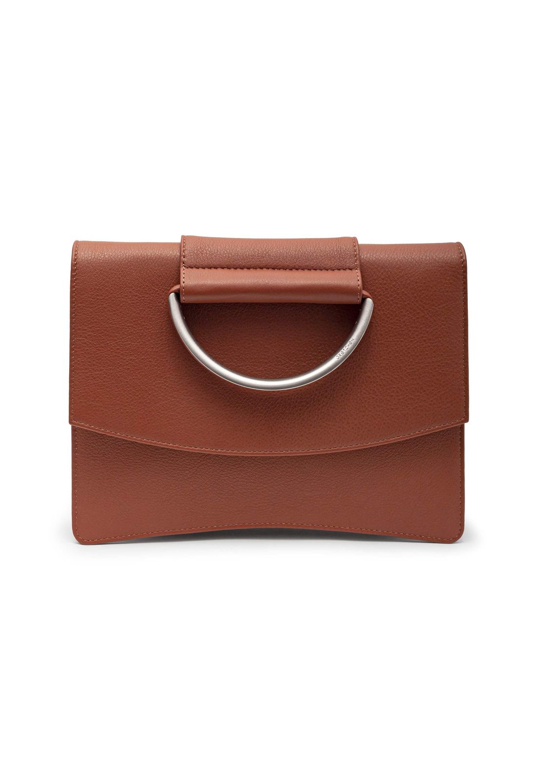 a brown purse with a metal handle on a white background