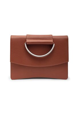 a brown purse with a metal handle on a white background