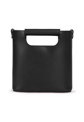 a black handbag with a handle on a white background