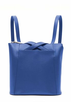 a blue handbag with a bow on the front