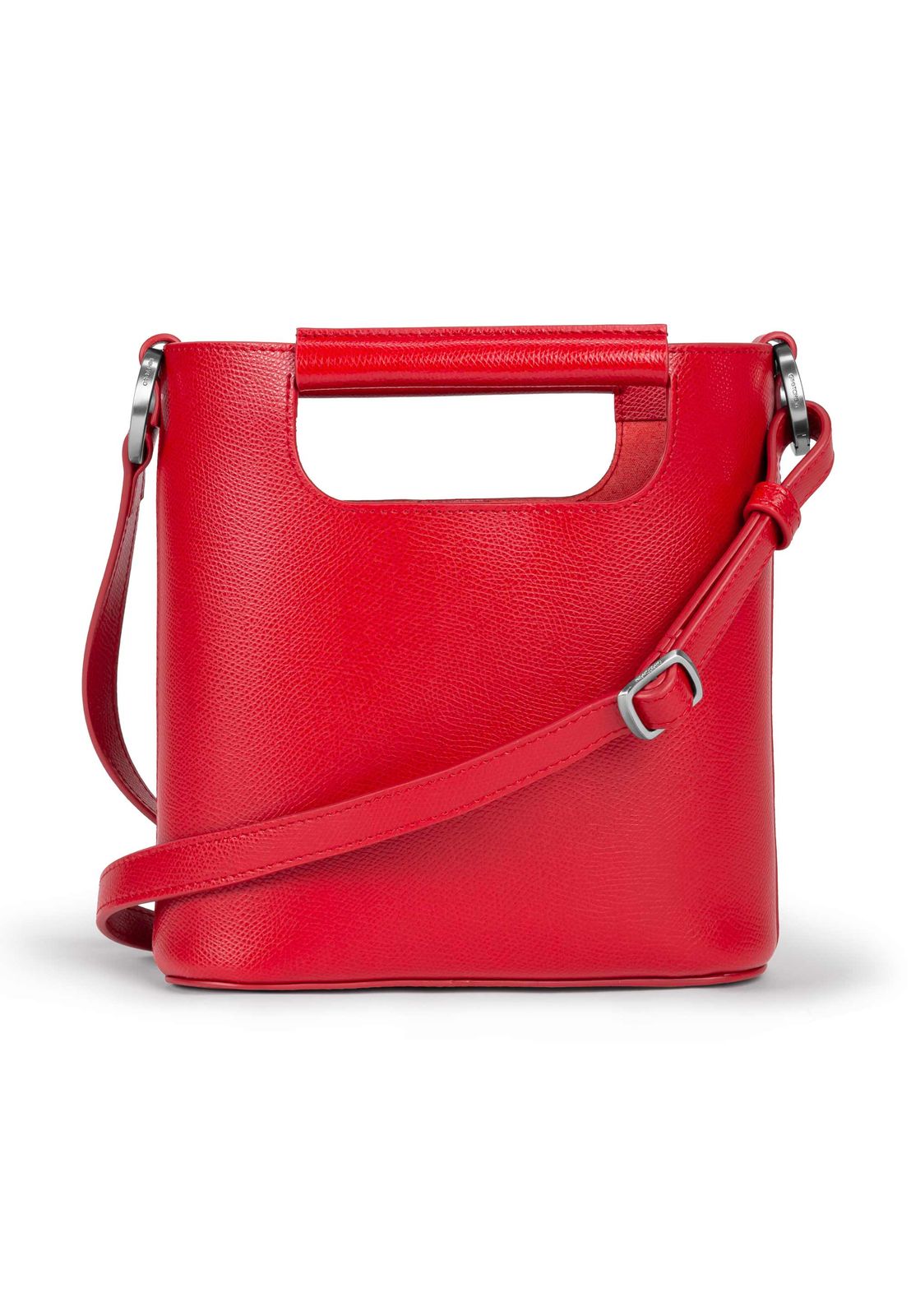 a red handbag with a metal handle