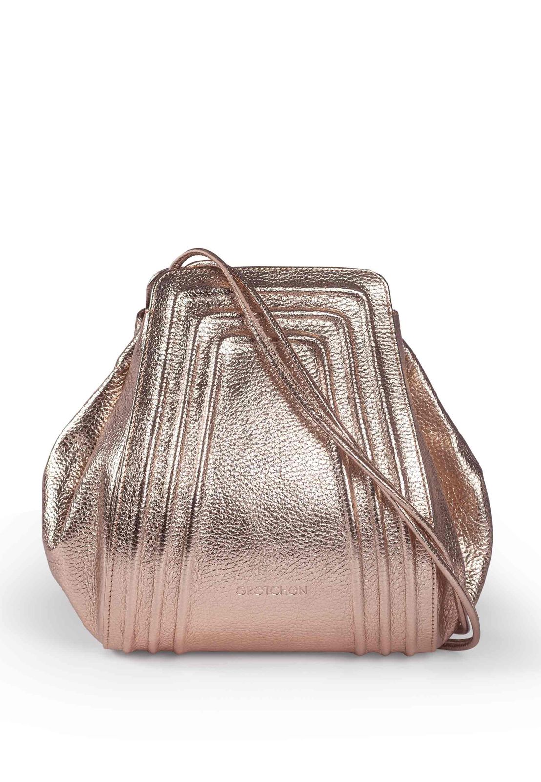 a metallic purse with a long strap
