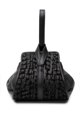 a black purse sitting on top of a white surface