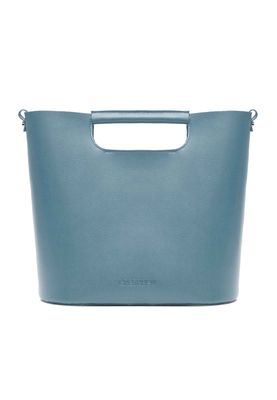 a blue leather bag with a handle