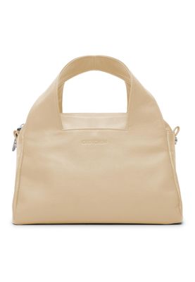 a beige handbag on a white background