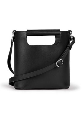 a black handbag with a handle on a white background