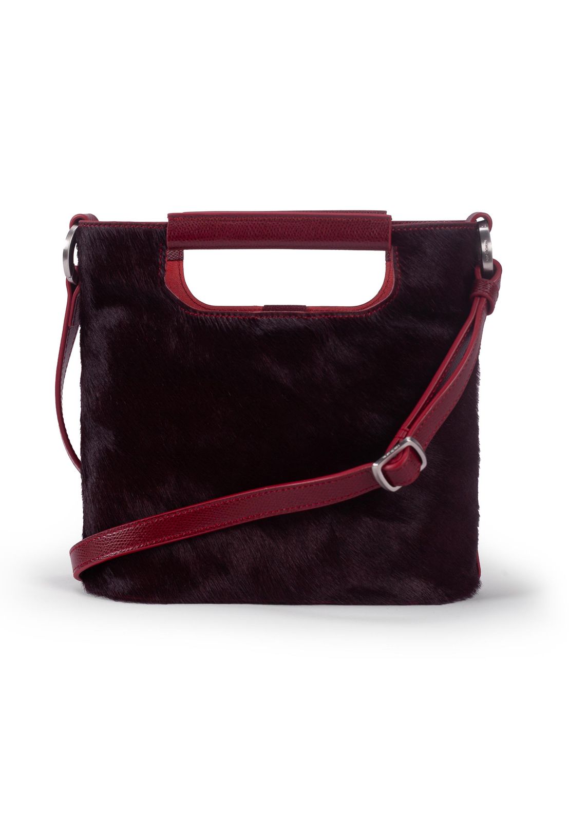 a black and red bag with a red handle