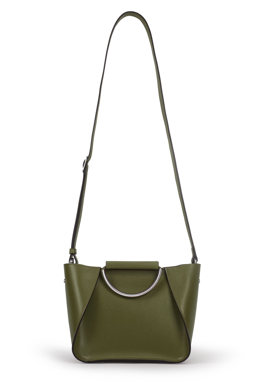 a green handbag with a metal handle