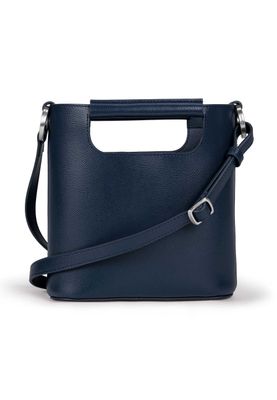 a blue handbag with a shoulder strap