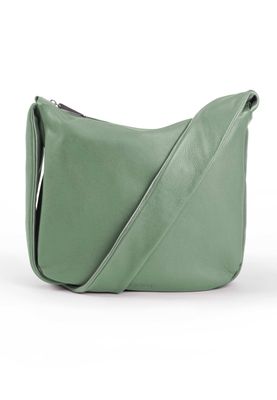 a green leather bag on a white background