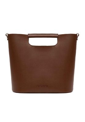 a brown leather tote bag with a handle