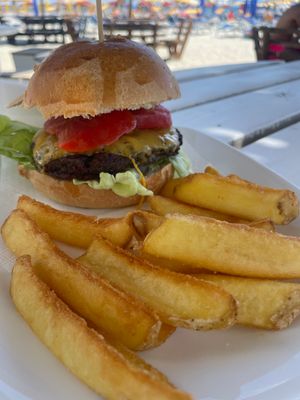 a hamburger and french fries on a white plate