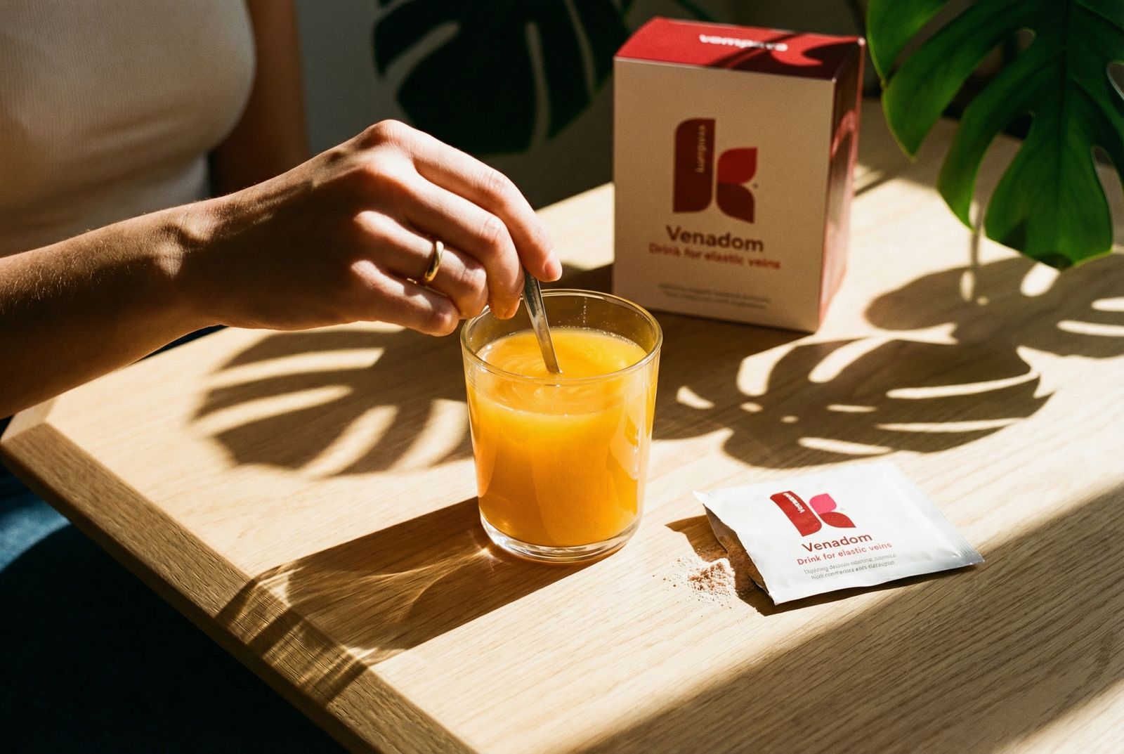 a person sitting at a table with a glass of orange juice