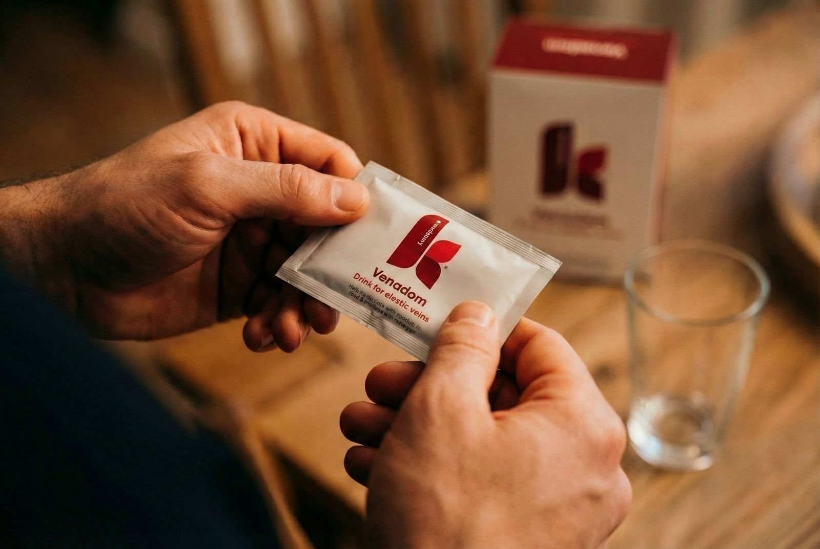 a person holding a packet of kleenex on a table