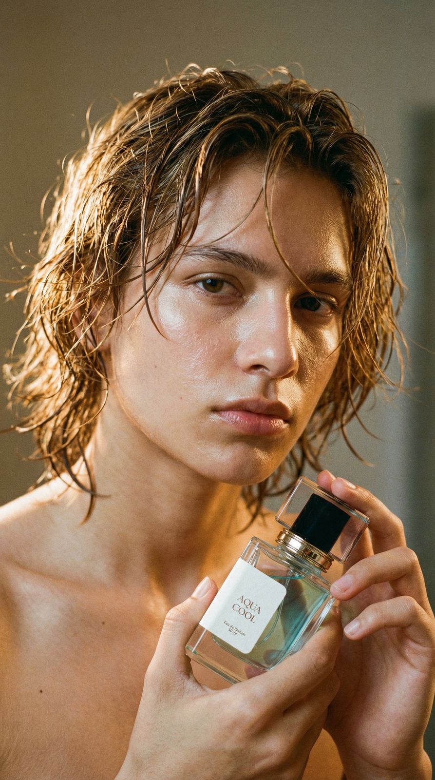 a shirtless man holding a bottle of perfume