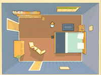 an overhead view of a bedroom with a bed and a desk