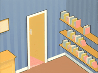 a room with a book shelf and a yellow door