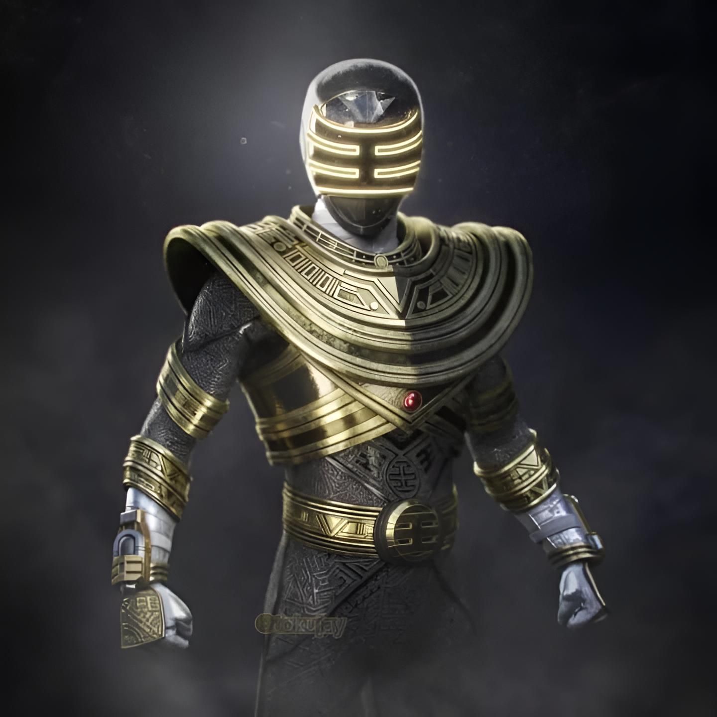 a man in a gold and black armor