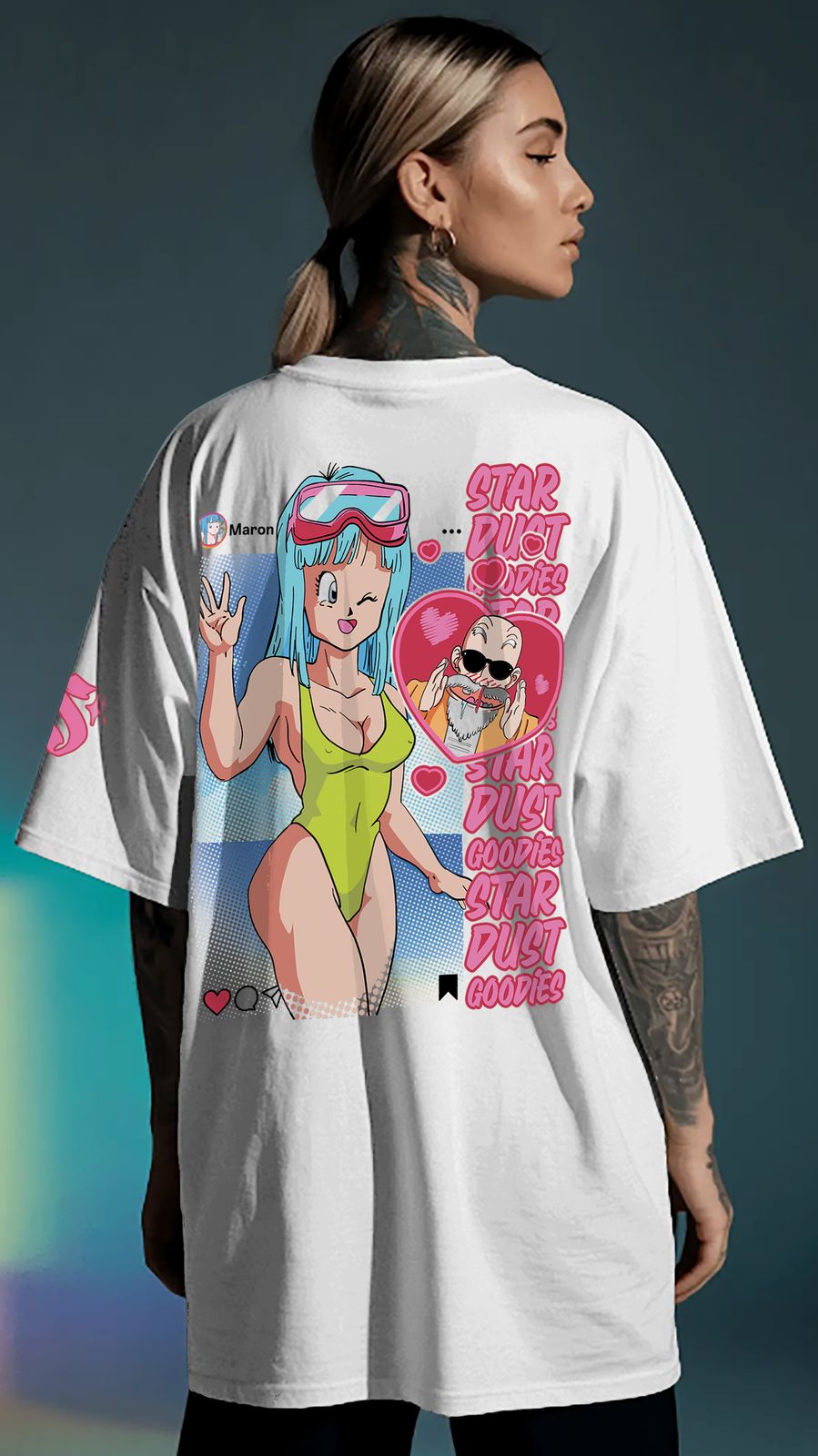 a woman wearing a white shirt with a cartoon character on it