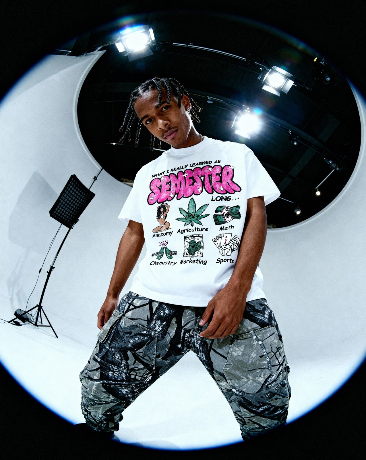a young man standing in front of a camera