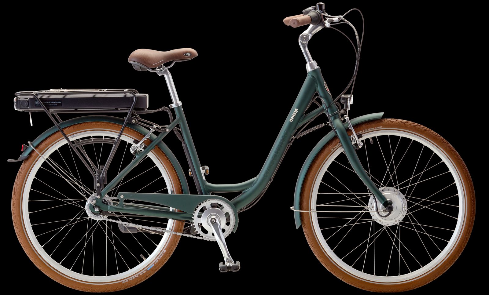 a green bicycle with brown rims and a brown seat