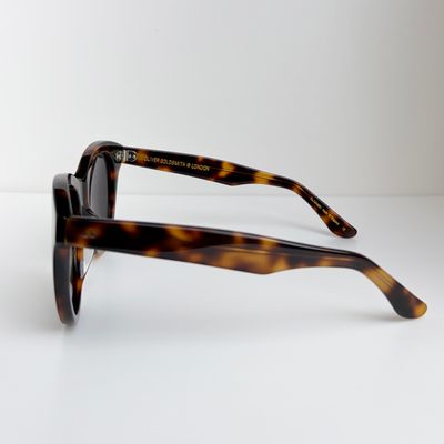 a pair of sunglasses sitting on top of a white table