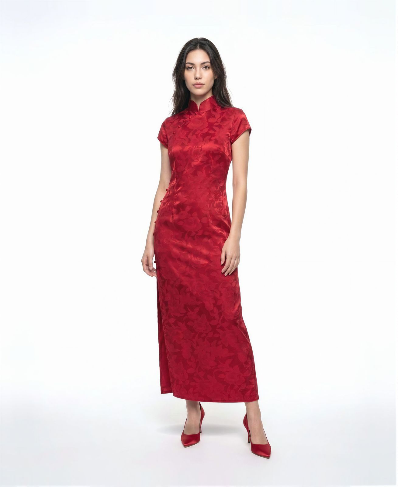 a woman wearing a red dress and red shoes