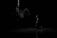 a man riding a horse in the dark