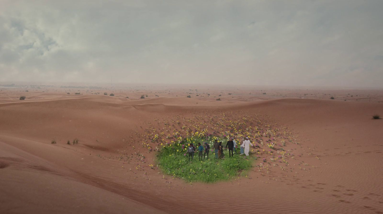 a group of people standing in the middle of a desert