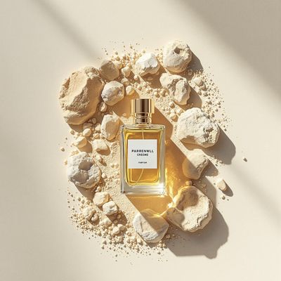 a bottle of perfume sitting on top of a pile of rocks