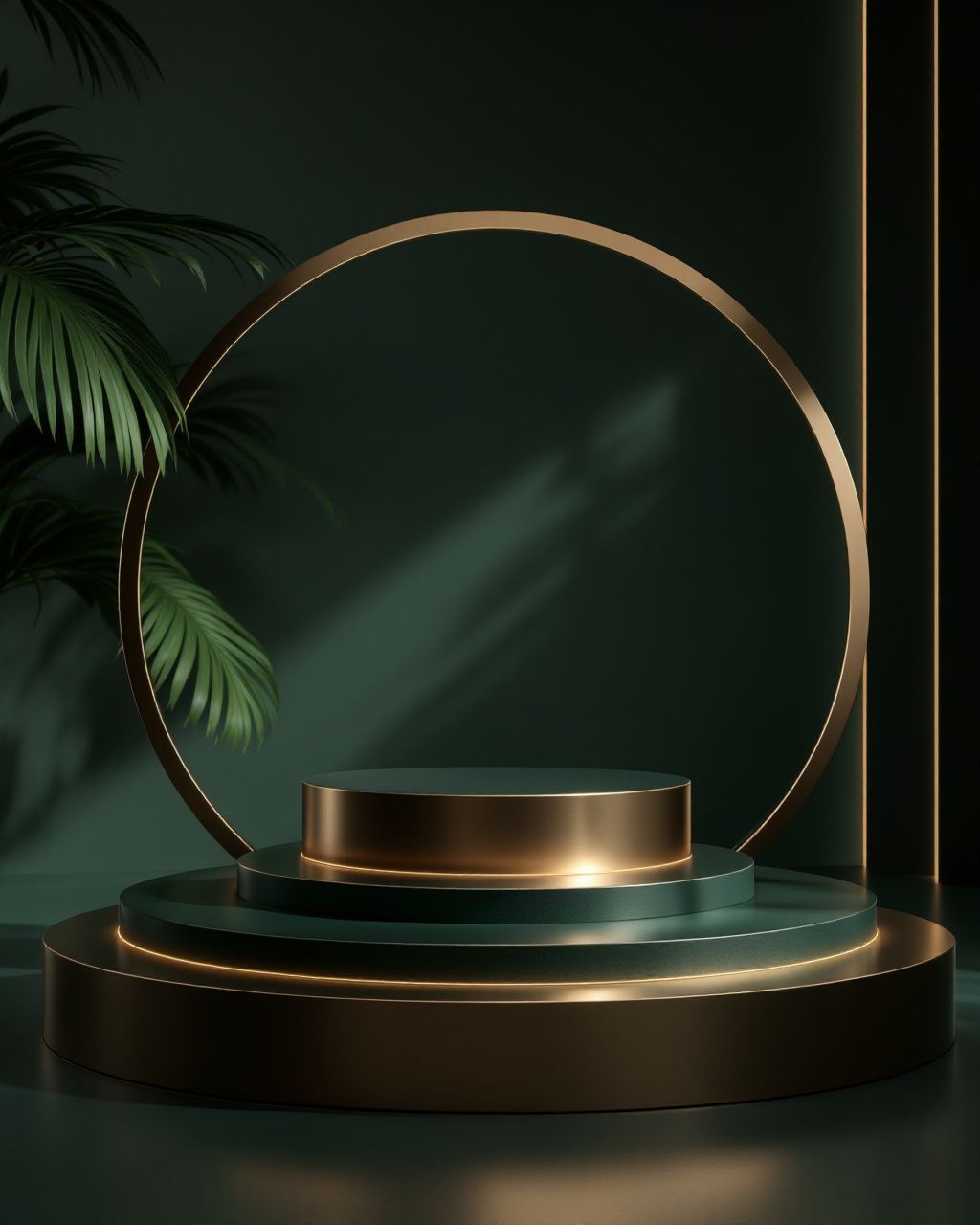 a green room with a round mirror and a plant