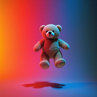 a teddy bear is flying through the air
