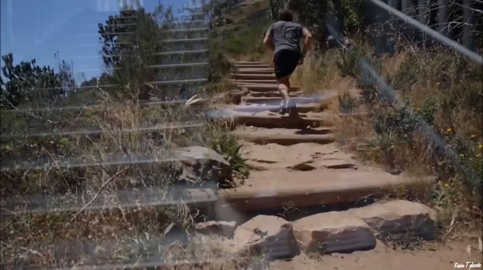 a man is running down a set of stairs