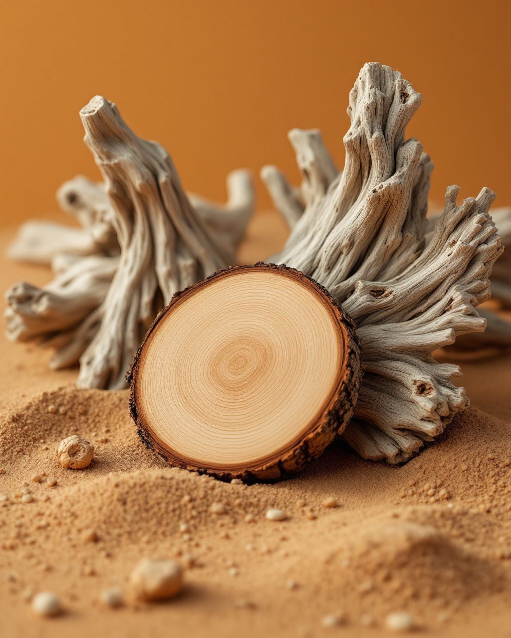 a piece of wood sitting on top of a sandy ground