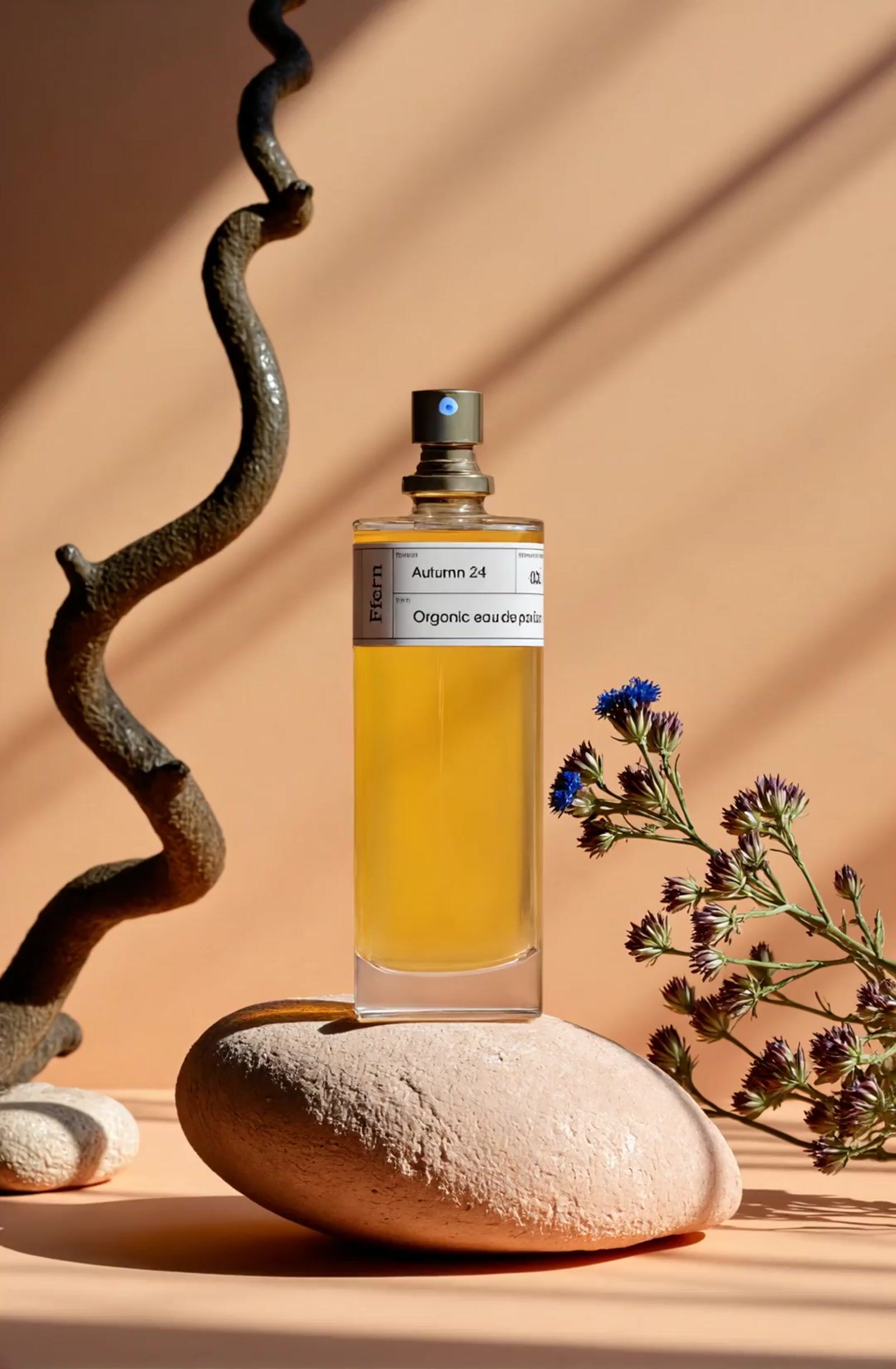 a bottle of perfume sitting on top of a rock