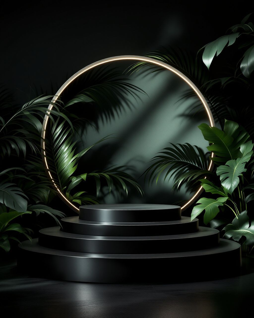 a round mirror sitting on top of a black platform