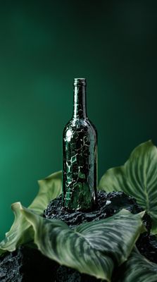 a green glass bottle sitting on top of a rock